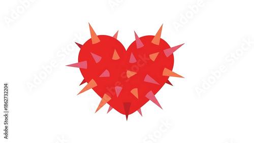 A red heart-shaped illustration with many sharp, triangular spikes in various shades of pink and orange, set against a blank white backdrop