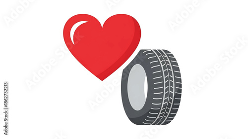 A red heart symbol sits beside a stylized tire illustration on a white background. The image has a textured, slightly worn appearance