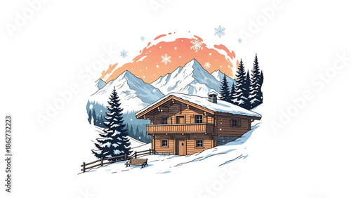 A picturesque winter scene of a cozy wooden cabin nestled amongst snowy mountains, surrounded by fir trees, snow