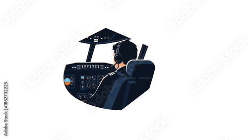A pilot in a dark navy blue uniform sits in the cockpit of an aircraft. He wears a headset, facing the instrument panel. Illustration