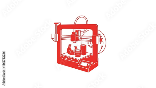 A red illustration showcases a 3D printer with printed objects. This modern device utilizes technology for creating three-dimensional models