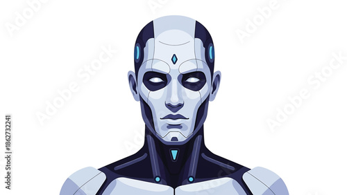 A robotic humanoid depicted from the chest up with a stylized, detailed design. Features include a sleek head and detailed facial structure