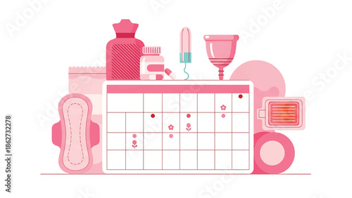 A pink illustration depicts period care items arranged around a calendar with floral indicators, suggesting tracking cycles. Items include a pad, a cup, a hot water bottle, and more