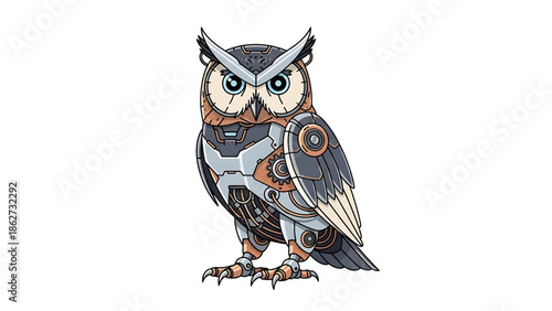 A robotic owl stands upright, featuring intricate mechanical details with gears, wires, and metallic components in a stylish illustration. It has large eyes