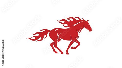 A red silhouette of a horse running to the right, with flames in place of its mane and tail, against a white background