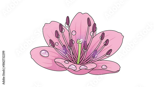 A pink flower with water droplets. Depicts a detailed bloom with delicate petals, stamens, and a central pistil, on a white background