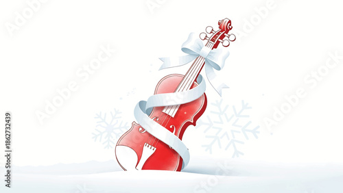 A red string instrument, adorned with a white bow and ribbon, rests in a snowy landscape. Subtle snowflakes drift around. The scene evokes a festive, wintery mood