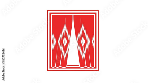A red stylized graphic featuring stylized curtains within a rectangular frame. The curtain design has repeating diamond shapes