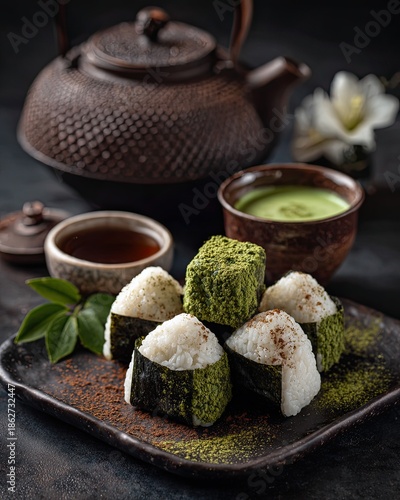 Japanese Onigiri Rice Balls with Matcha Powder, Nori Seaweed and Traditional Tea Set, Zen Style Japanese Cuisine on Dark Background