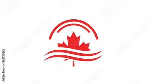 A red stylized leaf in the center, with arcs above and curved lines below against a white background. It symbolizes nature or possibly an organization