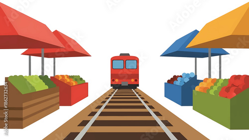 A red train travels down railroad tracks, flanked by market stalls with colorful produce under canopies of various hues
