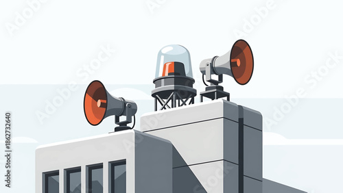 A rooftop scene depicts a building with large speakers, a siren, and windows. The sky is clear, suggesting daytime