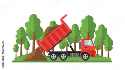 A red vehicle, its bed raised, dispenses a load of dirt. The truck is set in front of a forest of green trees. The ground is also green