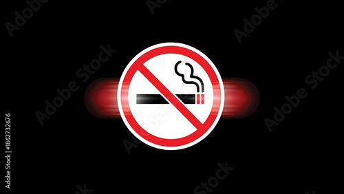 A red-circled prohibition sign, with a diagonal slash through a cigarette, sits in the center against a stark black background