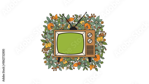 A retro television with a green screen, surrounded by a floral arrangement of various colors and shapes on a white background