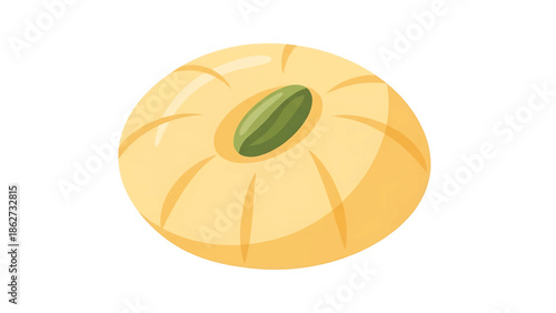 A round, yellow pastry, possibly a cookie or sweet treat, with a green, oval-shaped nut in the center, resting against a clean white background