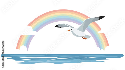 A seagull soars in front of a colorful rainbow over tranquil blue water. The scene is bright and airy. The design has cartoon-like qualities