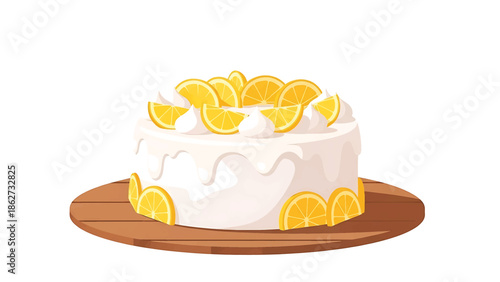 A round, white iced cake, adorned with lemon slices and cream dollops, sits atop a wooden serving platter. The cake exudes a refreshing, citrusy vibe