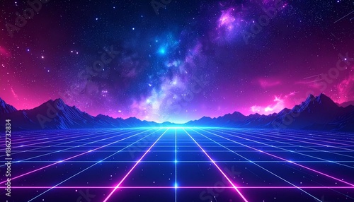 A vibrant retro-futuristic landscape with a glowing neon grid extending towards a colorful starry sky and distant mountains, evoking an 80s synthwave aesthetic.