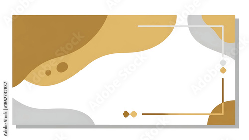 A rectangular layout with organic shapes in shades of gold, gray, and white. A gold frame with diamond accents complements the composition