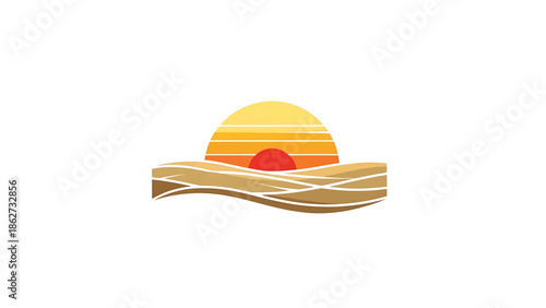 A retro-style logo featuring a stylized sunset over rolling sand dunes. The color palette incorporates shades of yellow, orange, and tan