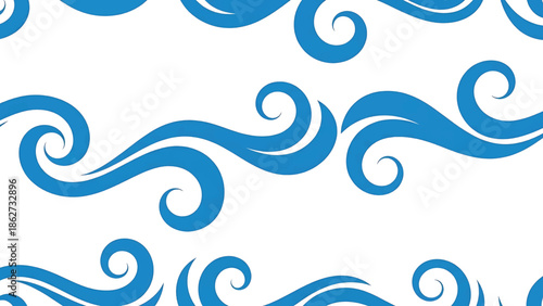 A seamless, blue and white design featuring swirling, stylized wave-like elements, creating a textured, repeating pattern. The design embodies a fluid, organic aesthetic