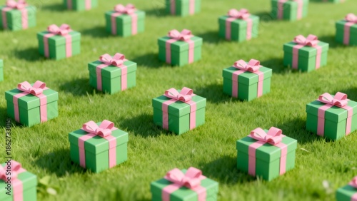 Green gift boxes with pink ribbons on grass