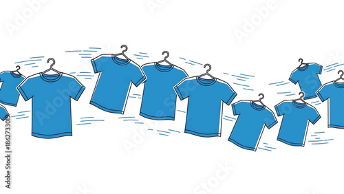 A row of stylized blue t-shirts hang from hangers against a white backdrop with horizontal blue lines