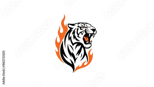 A roaring tiger head is surrounded by flames, a stylized illustration rendered in bold black and orange against a white background