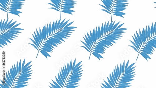 A seamless pattern design featuring light blue stylized palm leaves, arranged diagonally across a white background. Creates a tropical feel