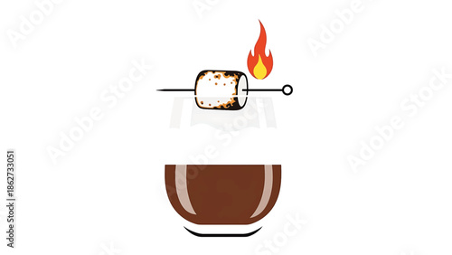 A roasted marshmallow on a skewer with fire above and a dark brown drink in a semicircular cup below on a white background