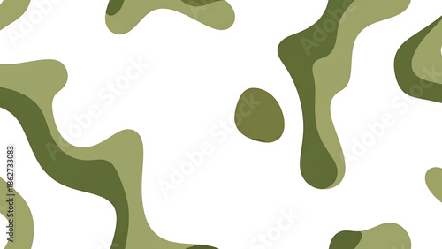 A seamless pattern features abstract, organic shapes in varying shades of green, layered against a white backdrop. The design has a textured appearance
