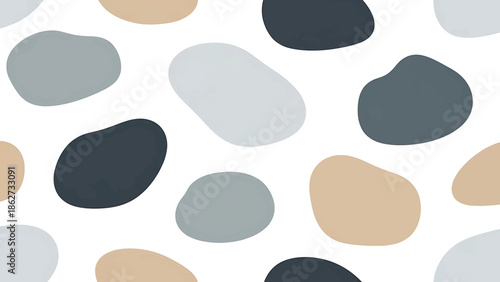 A seamless pattern featuring abstract, organic shapes in muted tones such as beige, gray, and deep blue against a white background