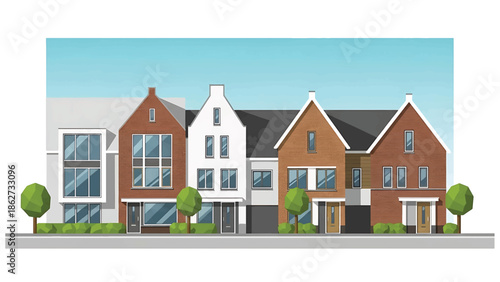 A row of stylized houses with varying brick and white facades, windows, doors, and trees in front on a grey street