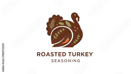 A rustic-styled logo of a stylized turkey, with herbal accents and a chili pepper. The logo includes the words "Roasted Turkey" & "Seasoning