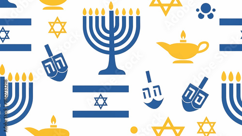 A seamless repeating pattern featuring elements like menorahs, dreidels, lamps, flags, and Stars of David, in blue and gold on a white background