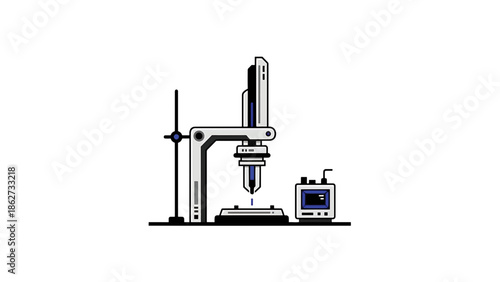 A robotic arm-like machine in a lab setting, composed of grey and blue elements, used for scientific experimentation