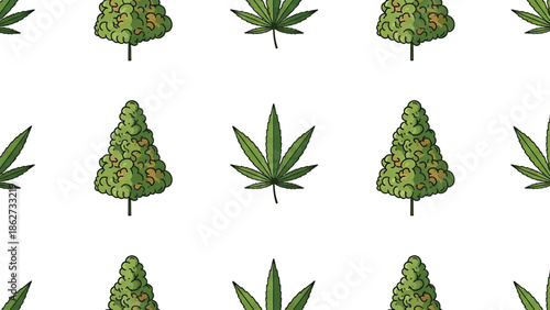 A seamless repeating pattern featuring stylized green cannabis leaves and flower buds, arranged in a grid-like layout against a white background
