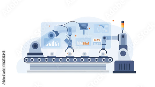 A robotic assembly line is shown, with multiple robotic arms, a conveyor belt, and data displays depicting automation. The colors used are muted blues and grays