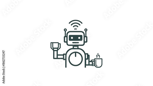 A robotic character holding a cup in each mechanical arm, with AI symbol above head, and simple, illustrative style