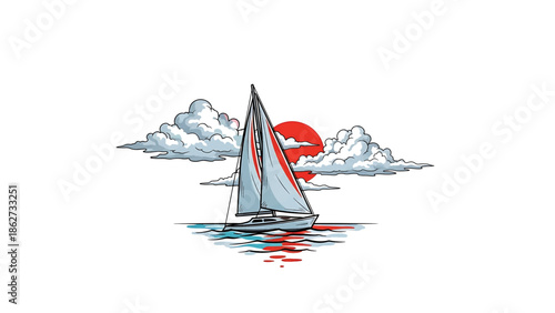 A sailboat glides on water, with a red sun setting behind fluffy clouds. The sky is white. The design is cartoon-like