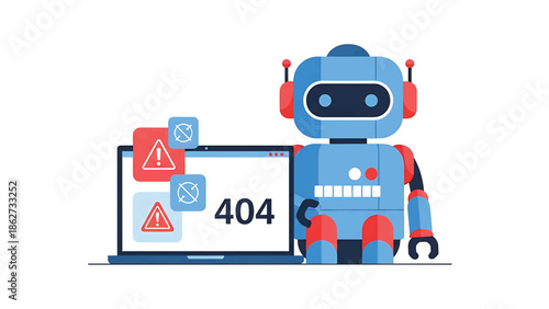 A robotic character beside a laptop showing a 404 error with exclamation marks and "reload" symbols indicating an issue. The robot looks on