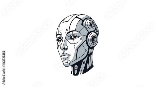 A robotic female face rendered in grayscale with a minimalist, geometric design. The head showcases artificial features. The face looks forward