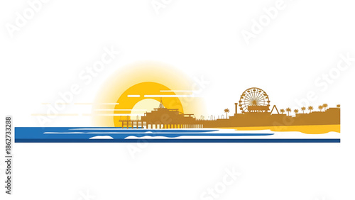 A seaside illustration features a boardwalk with a Ferris wheel, palm trees, and pier beneath a setting sun over ocean waves