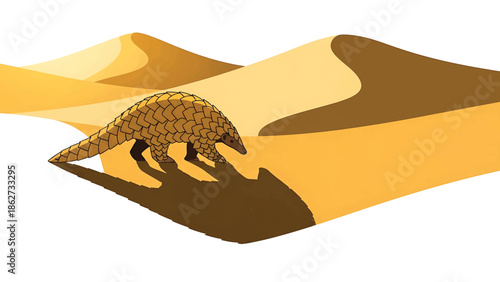 A scaled creature walks across the desert sand dunes, casting a long shadow, under a bright, sunny sky