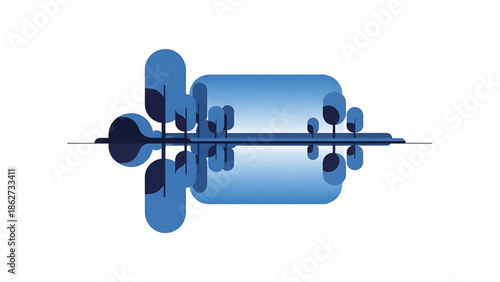 A serene illustration depicts stylized trees and their reflections on a calm body of water, rendered in shades of blue. The design is minimalist