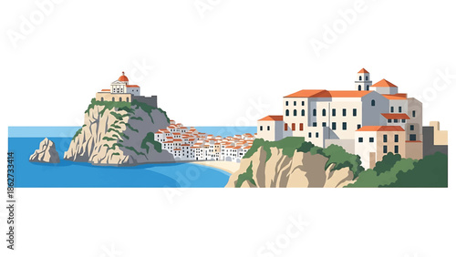 A seaside illustration of buildings with red-tiled roofs, nestled on cliffs and a beach, with blue water in the foreground