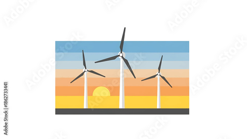A serene illustration depicts wind turbines silhouetted against a colorful sunset. The turbines stand tall on a dark ground