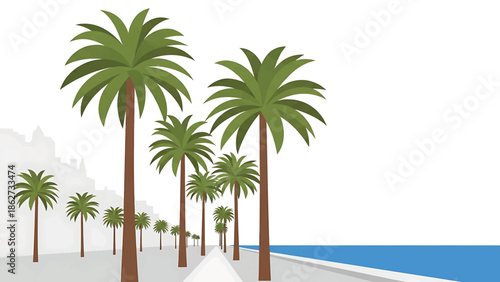 A scenic coastal illustration depicts a row of palm trees lining a walkway beside a blue ocean. Silhouetted buildings in the distance