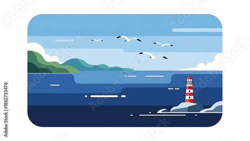 A scenic coastal illustration featuring a red and white striped lighthouse, birds soaring over ocean waves, and distant green hills